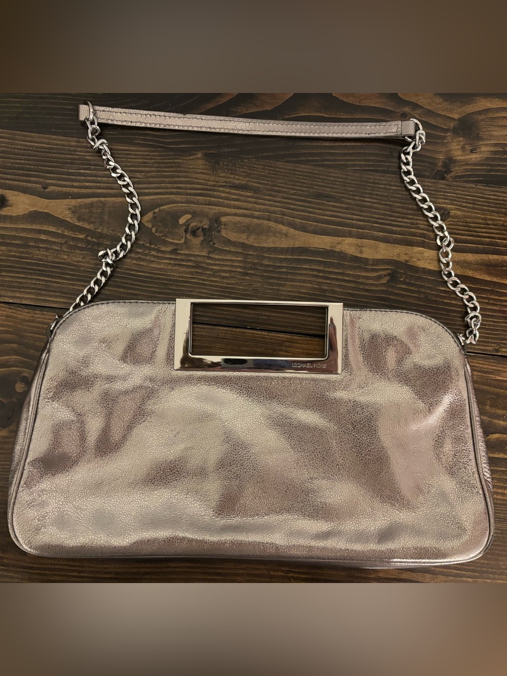 MICHAEL KORS Berkley Pewter Leather Large Clutch Shoulder Bag